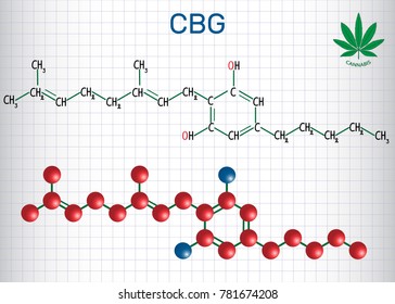 Cannabigerol (CBG) - structural chemical formula and molecule model. Non-intoxicating cannabinoid in plants of the genus cannabis. Sheet of paper in a cage. Vector illustration 