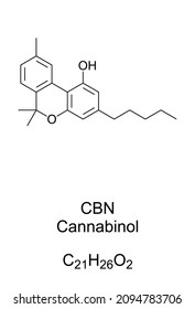 Cannabinol, CBN, chemical formula and structure. A non-psychoactive cannabinoid and compound, found in traces in aged and stored cannabis. Traditional produced hashish contains a high amount of CBN.