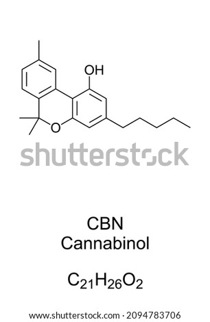 Cannabinol, CBN, chemical formula and structure. A non-psychoactive cannabinoid and compound, found in traces in aged and stored cannabis. Traditional produced hashish contains a high amount of CBN.