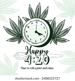 Cannabis 420 Anuncio con reloj y hora rodeado de hojas de marihuana. Feliz 420 Ilustración vectorial en estilo de contorno de garabato