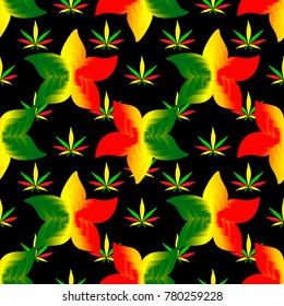 cannabis abstract pattern with leaves print for clothing colored on black background
