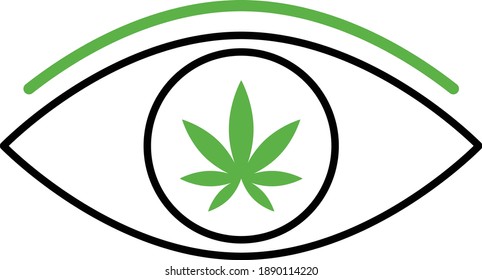 Diseño de iconos de color de los vectores del concepto ocular de cannabis, símbolo de marihuana y fármaco psicoactivo sobre fondo blanco, signo de hachís y de cáñamo,