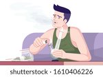 Cannabis addiction flat color vector illustration. Smoking psychotropic substances. Narcomania. Young caucasian man smoking weed with bong isolated cartoon character on white background