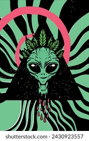 Cannabis Alien head in the space. Space portal vector. Trippy poster. Cannabis artwork vector