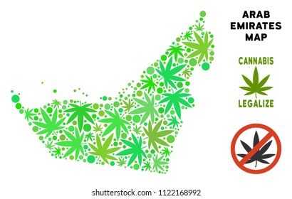 Cannabis Arab Emirates map collage of weed leaves. Concept for narcotic addiction campaign against drugs dependence or cannabis legalize.
