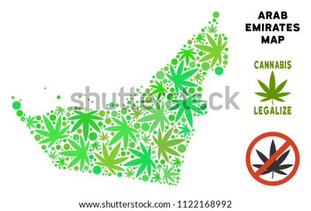 Cannabis Arab Emirates map collage of weed leaves. Concept for narcotic addiction campaign against drugs dependence or cannabis legalize.