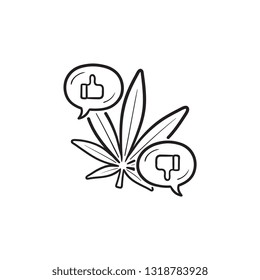 Cannabis Bad And Good Effects With Thumb Up And Down Hand Drawn Outline Doodle Icon. Cannabis Benefits Concept. Vector Sketch Illustration For Print, Web, Mobile And Infographics On White Background.