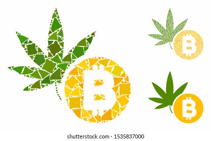 Cannabis Bitcoin composition of uneven elements in various sizes and color hues, based on cannabis Bitcoin icon. Vector humpy elements are grouped into collage.