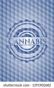 Cannabis blue badge with geometric pattern background.