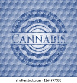 Cannabis blue emblem with geometric pattern background.