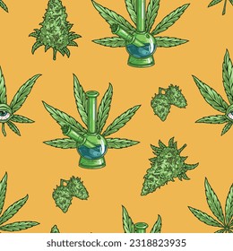 Cannabis bong pattern seamless colorful with marijuana petals and glass hookah for smoking weed with intoxicating effect vector illustration