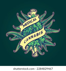 Cannabis bud plant medicinal weed leaf scroll ribbon ornament logo illustrations vector for your work logo, merchandise t-shirt, stickers and label designs, poster, greeting cards advertising business