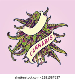 Cannabis bud sativa weed leaf plant swirl ribbon logo illustrations vector for your work logo, merchandise t-shirt, stickers and label designs, poster, greeting cards advertising business company 