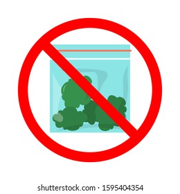 Cannabis buds in the red sign vector isolated. Weed for smoke, natural medical plant. Symbol of bud. Narcotic prohibited and forbidden.