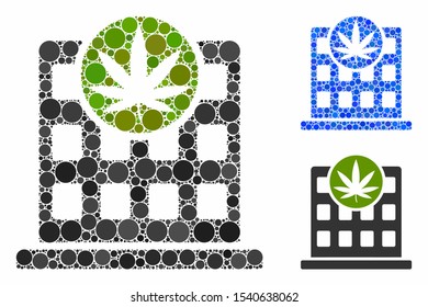 Cannabis building composition of round dots in different sizes and color tints, based on cannabis building icon. Vector round elements are united into blue composition.