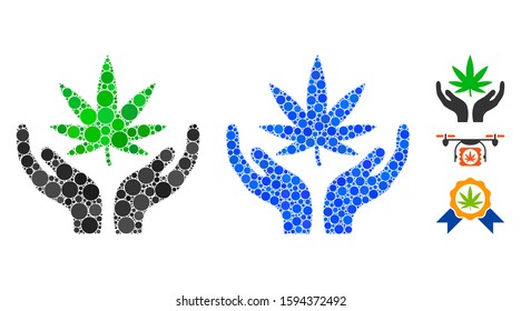 Cannabis care composition of filled circles in different sizes and color tones, based on cannabis care icon. Vector filled circles are grouped into blue mosaic.