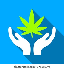 Cannabis Care long shadow vector icon. Style is a flat light symbol with rounded angles on a blue square background.