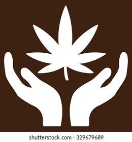 Cannabis Care vector icon. Style is flat symbol, white color, rounded angles, brown background.