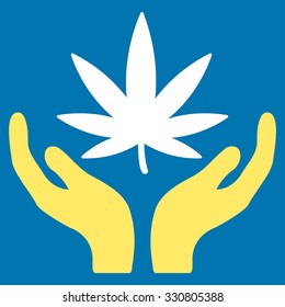 Cannabis Care vector icon. Style is bicolor flat symbol, yellow and white colors, rounded angles, blue background.