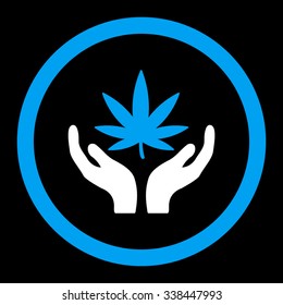 Cannabis Care vector icon. Style is bicolor flat rounded symbol, blue and white colors, rounded angles, black background.