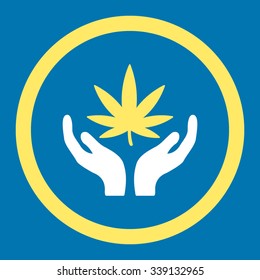 Cannabis Care vector icon. Style is bicolor flat rounded symbol, yellow and white colors, rounded angles, blue background.