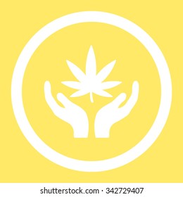 Cannabis Care vector icon. Style is flat rounded symbol, white color, rounded angles, yellow background.