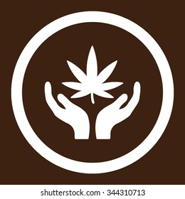 Cannabis Care vector icon. Style is flat rounded symbol, white color, rounded angles, brown background.