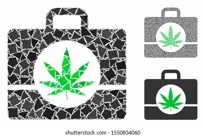Cannabis case composition of rough parts in different sizes and color tints, based on cannabis case icon. Vector joggly parts are composed into composition.