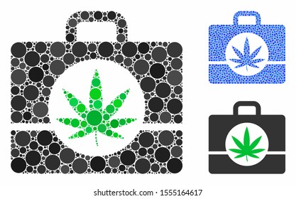 Cannabis case composition of small circles in different sizes and color hues, based on cannabis case icon. Vector small circles are combined into blue composition.