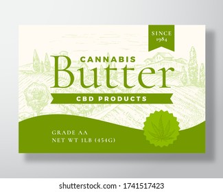 Cannabis CBD Butter Label Template. Abstract Vector Packaging Design Layout. Modern Typography Banner with Hand Drawn Green Hemp Leaf and Rural Landscape Background. Isolated.