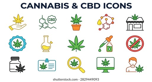 Cannabis and CBD Icon Set with Leaves, Droppers, and Molecular Symbols – Hemp Products, Wellness, and Herbal Medicine Vector Collection.


