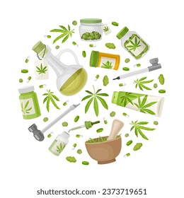Cannabis CBD Product Round Composition Design Green Vector Template