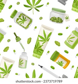 Cannabis CBD Product Seamless Pattern Design Green Vector Template