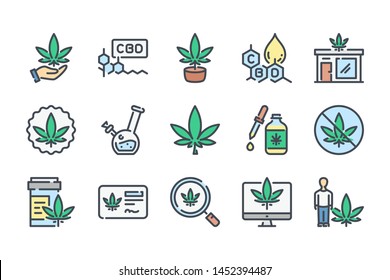 Cannabis and CBD related color line icon set. Cannabidiol colorful linear icons. Marijuanas flat color outline vector sign collection.