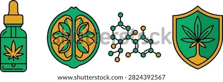 Cannabis and CBD Wellness Icons Set with Oil Bottle Molecule Hemp and Natural Protection.
