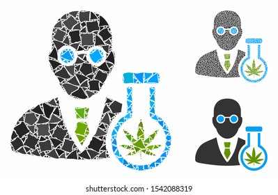 Cannabis chemist mosaic of raggy elements in different sizes and color hues, based on cannabis chemist icon. Vector ragged elements are combined into mosaic.