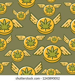 Cannabis coin with wings seamless vector pattern