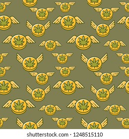 Cannabis coin with wings seamless vector pattern.