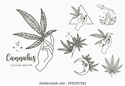 cannabis collection with bottle, moon, hand. Vector illustration for icon ,sticker, printable