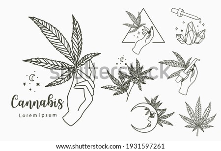 cannabis collection with bottle, moon, hand. Vector illustration for icon ,sticker, printable