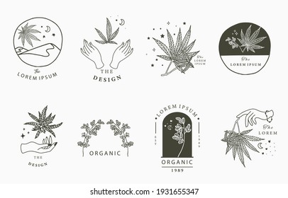 cannabis collection with bottle, mountain, hand.Vector illustration for icon, sticker, printable