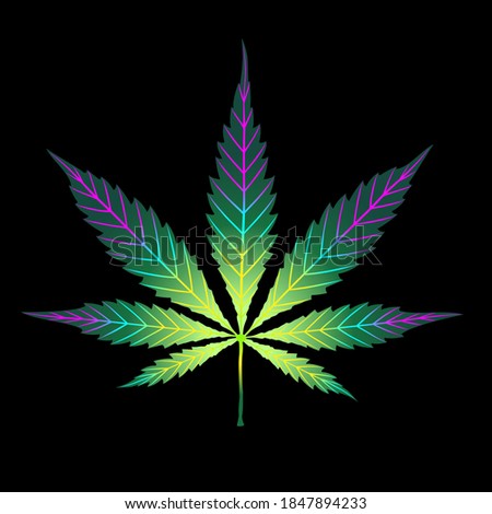 Cannabis colorful leaf isolated on black. Shape or silhouette herbal nature symbol. Vector cartoon hand drawing bright rainbow multicolor logo marijuana grass or ganja plant. 