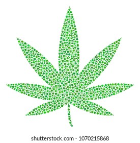 Cannabis composition of dots in different sizes and color shades. Circle elements are grouped into cannabis vector mosaic. Dotted vector design concept.