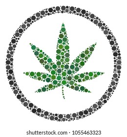 Cannabis composition of filled circles in various sizes and color tinges. Dots are combined into cannabis vector composition. Vector design concept.