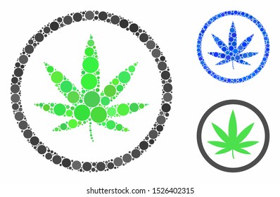 Cannabis composition for cannabis icon of filled circles in different sizes and color tints. Vector filled circles are united into blue mosaic. Dotted cannabis icon in usual and blue versions.