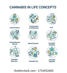 Cannabis Concept Icons Set. Psychoaktive Droge, narkotische Pflanze Idee dünne Linie RGB Farbillustrationen. Marijuana-Effekte, Freizeit-und medizinische Nutzung. Vektorillustration einzelne Rahmenzeichnungen. Bearbeitbarer Hub