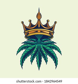 Ilustraciones con el logotipo de la corona de cannabis para la línea de ropa de mercadería de trabajo, pegatinas y afiches, empresas comerciales de publicidad de saludos o marcas
