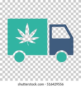 Cannabis Delivery Van EPS vector pictogram. Illustration style is flat iconic bicolor cobalt and cyan symbol on chess transparent background.