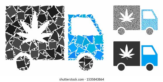 Cannabis delivery van mosaic of humpy pieces in various sizes and color tinges, based on cannabis delivery van icon. Vector raggy pieces are organized into illustration.