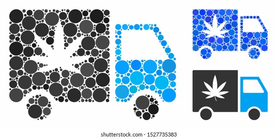 Cannabis delivery van mosaic of round dots in different sizes and color hues, based on cannabis delivery van icon. Vector round dots are organized into blue mosaic.